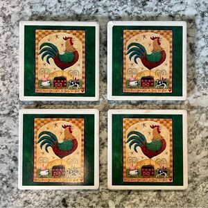 Set of 4 Farmhouse Rooster Drink Coasters | Rustic Country Kitchen Chicken Decor